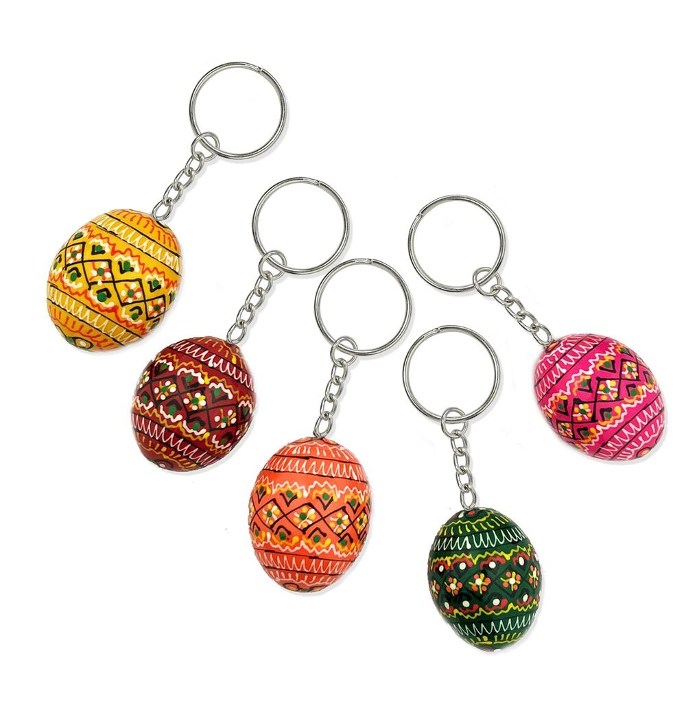9547 5 Ukrainian Hand Painted Wooden Easter Eggs Pysanky Key Chains 1 1/4